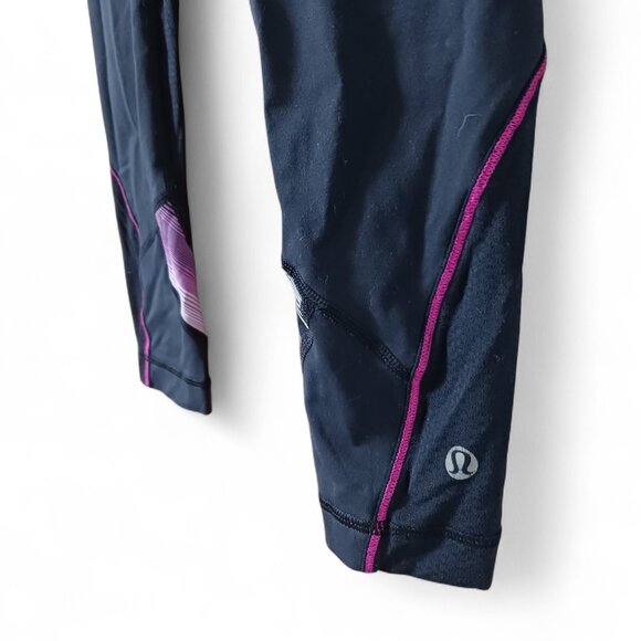 Lululemon Wet Dry Warm Black Crops Size 4 — Pink/Purple Striped Waistband - Picture 2 of 7